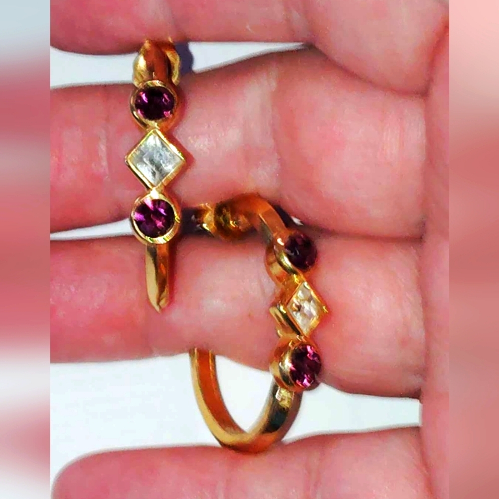 Vintage AVON Golden 1/2 Hoop Pierced Earrings Lilac & Crystal